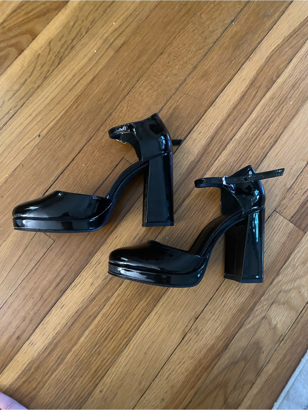 Madden Girl Black Patent Block Heel Mary Jane Pumps with Ankle Strap